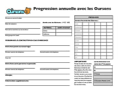 Fiche de progression des Oursons